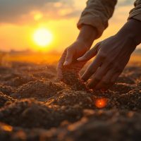 “Indian farmer sowing seeds in a golden sunrise field, realistic detail, soft warm lighting, growth and agriculture theme, inspirational farming scene, high clarity, professional photoshoot style.”